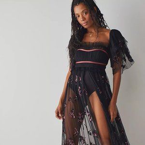 Free People FP Intimately Just A Dream Maxi Bodysuit Mesh Sheer Sequins XS New